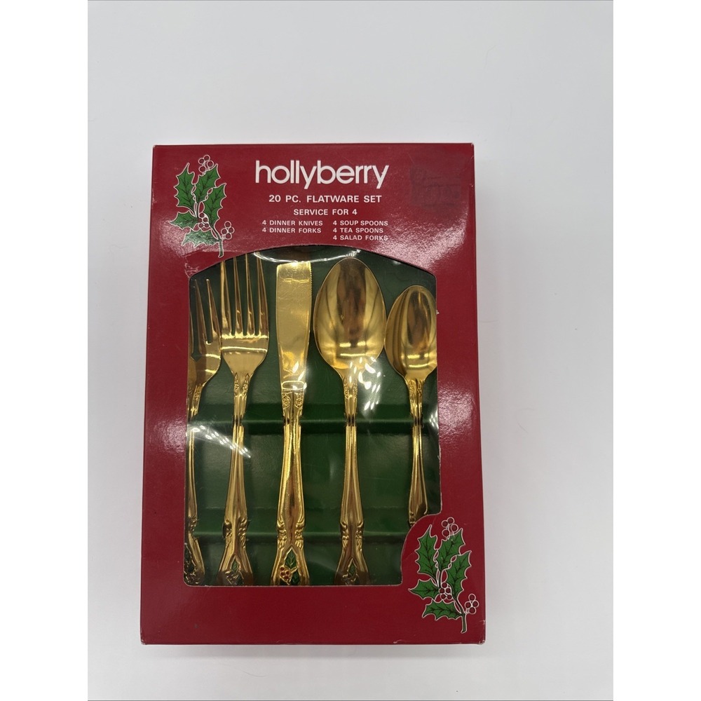 VTG Hollyberry Gold Plated Flatware NIB 20 PC Flatware Set Service For 4